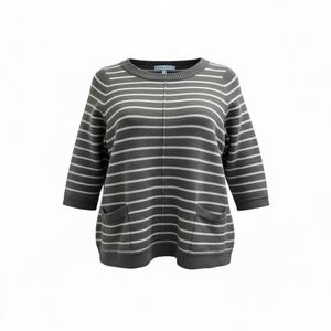 MAX STUDIO Striped 3/4 Sleeve Merino Wool Sweater Women Size 2X Pockets Zip Back